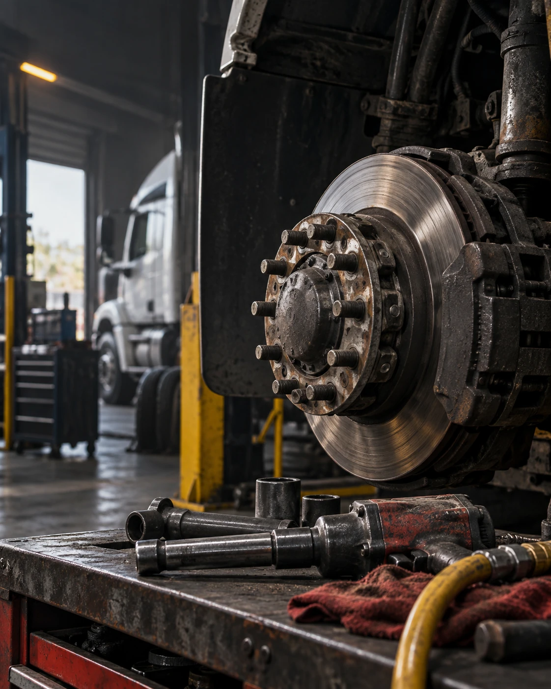Illustrative industrial service still life — original artwork, not the exact VIP Maspeth bay or equipment.